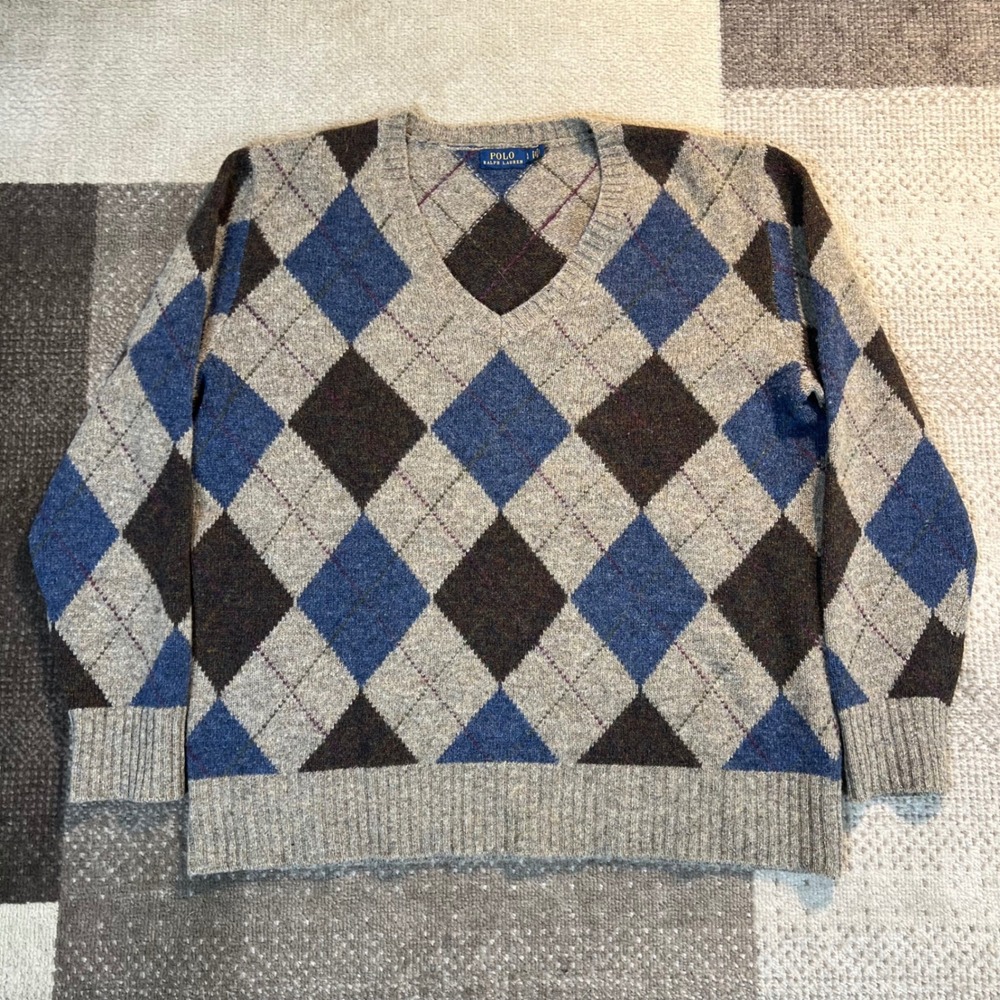 Polo Ralph Lauren Mens Argyle V-Neck Sweater 100% Lambswool Grey Blue Large
